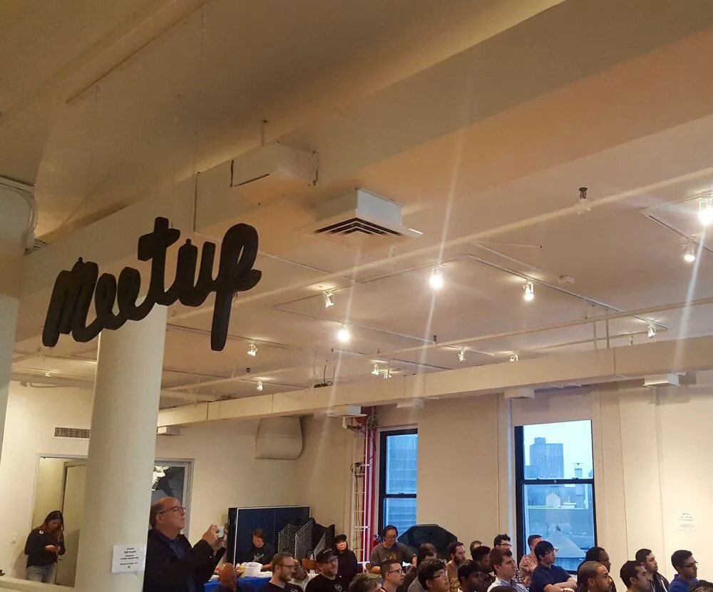 Our August meetup was at none other than Meetup itself! We were welcomed at the door with great meetup swag & then headed right to the food & drinks.