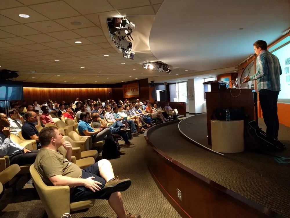 For August, we returned to the lovely, very cushiony auditorium of our August sponsor, The American Express Company. Find out more.