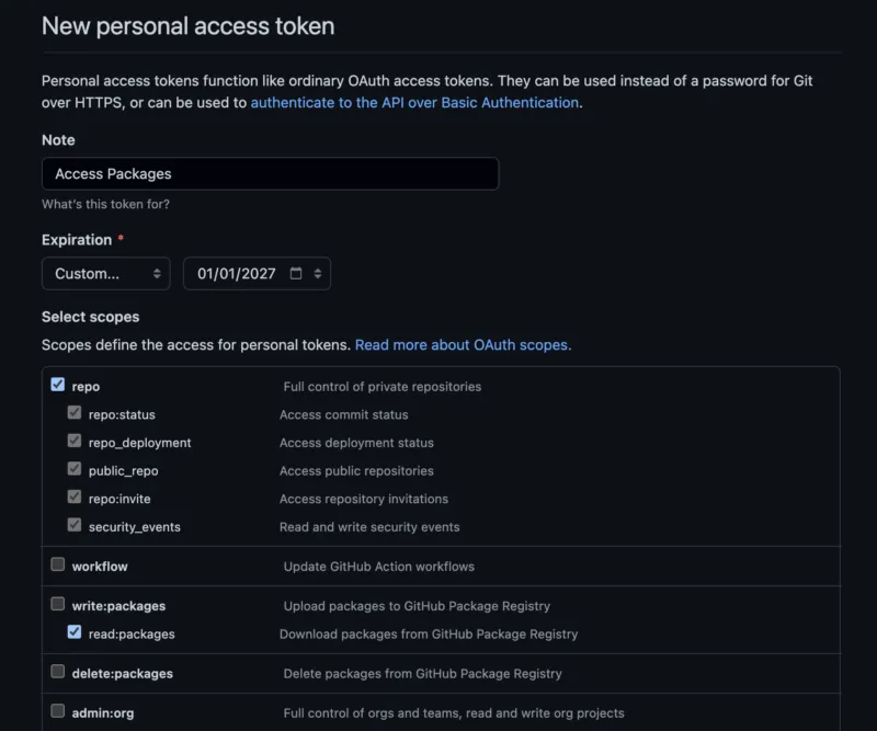 Screenshot of creating a new personal access token