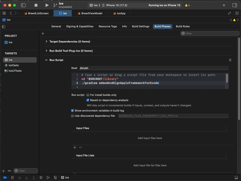 Screenshot of Xcode Run Script panel with Gradle